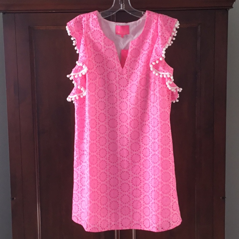 Lilly Pulitzer Pink Eyelet Dress with pompom trim